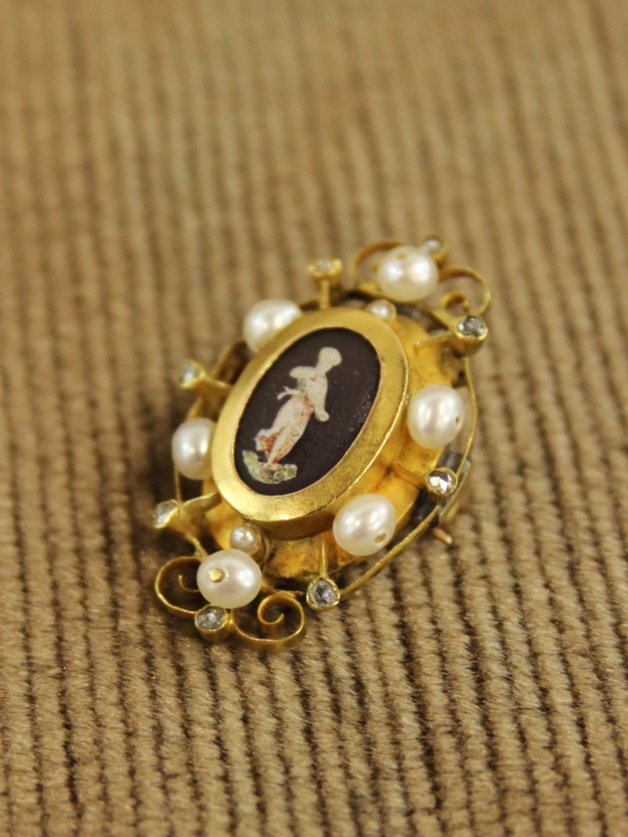 Antieke 18 karaat gouden broche met parels & diamant - foto 3