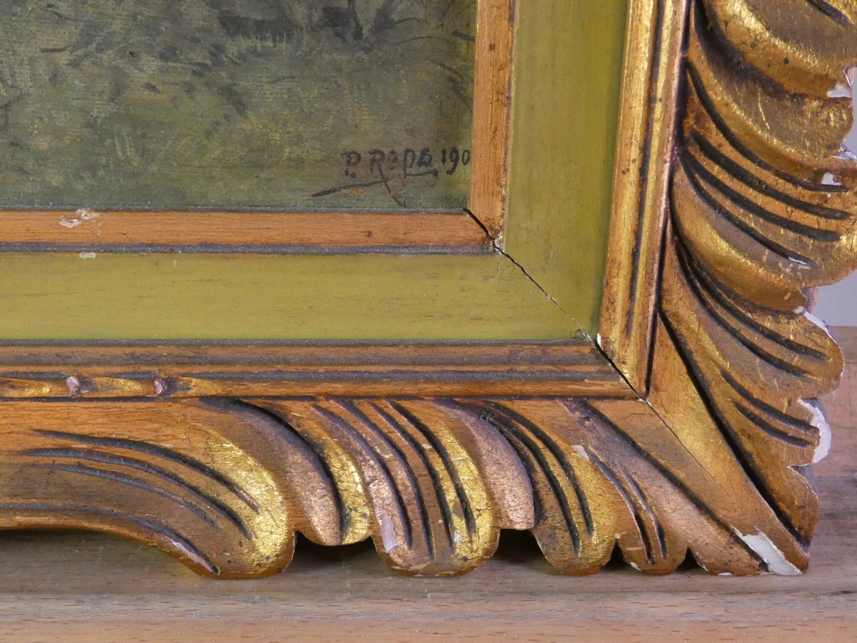 Oude olieverfschilderij met houten lijst en rivierlandschap - foto 2
