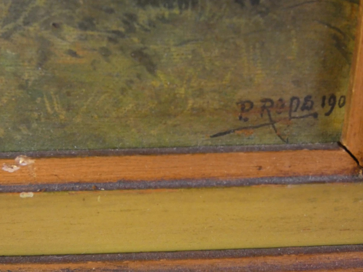 Oude olieverfschilderij met houten lijst en rivierlandschap - foto 3