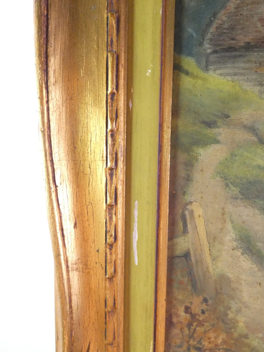 Oude olieverfschilderij met houten lijst en rivierlandschap - foto 5