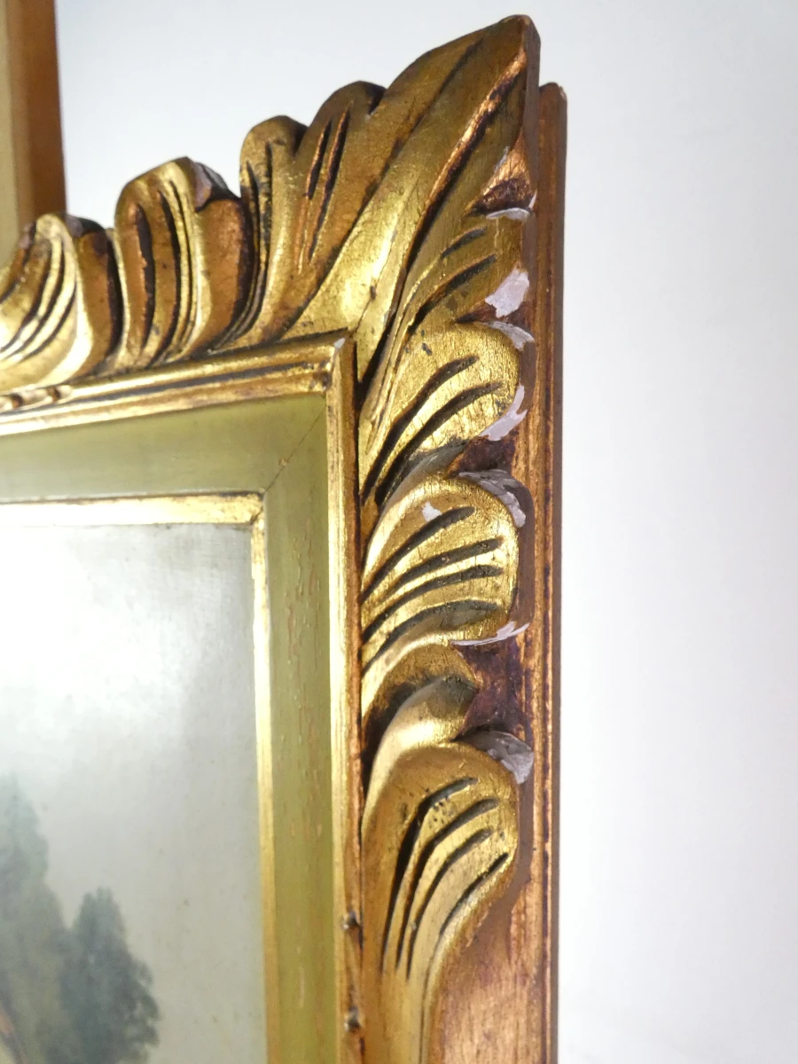Oude olieverfschilderij met houten lijst en rivierlandschap - foto 7