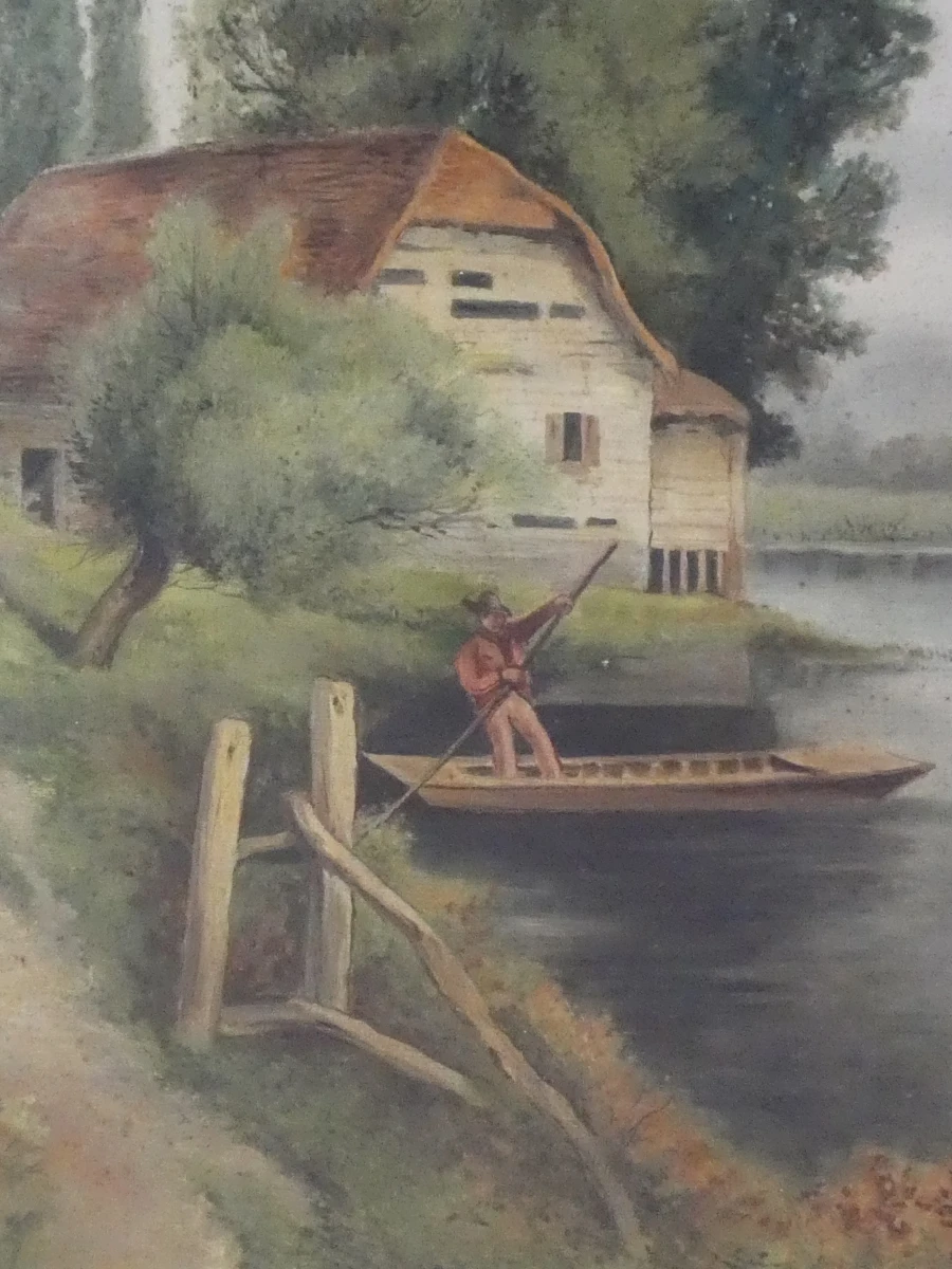 Oude olieverfschilderij met houten lijst en rivierlandschap - foto 10