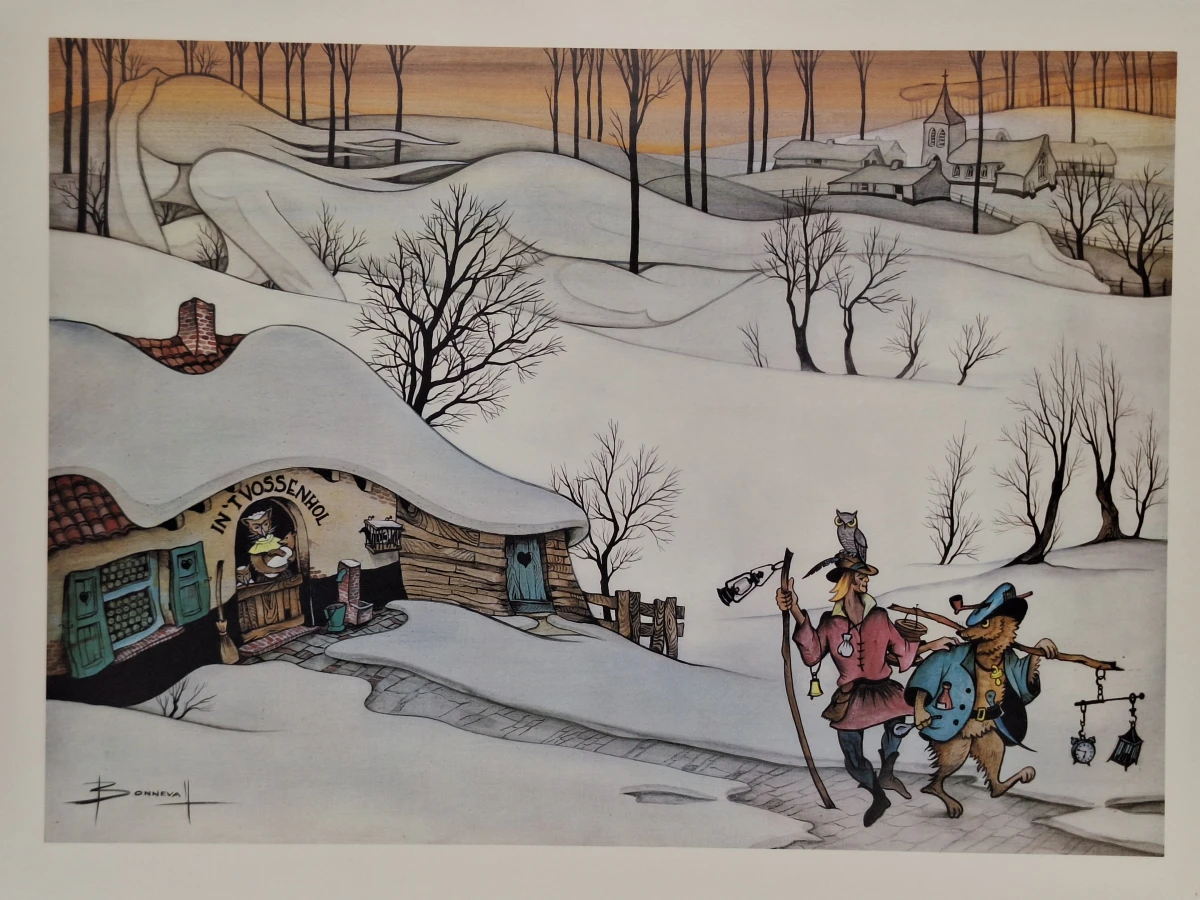 ‘In ’t Vossenhol’ - sfeervolle kleurenprent van een winters fantasielandschap - Oscar Bonnevalle - foto 2