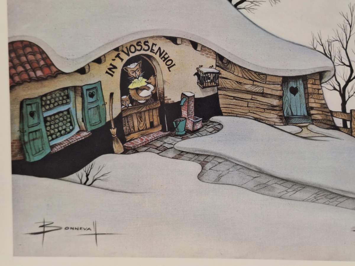 ‘In ’t Vossenhol’ - sfeervolle kleurenprent van een winters fantasielandschap - Oscar Bonnevalle - foto 6