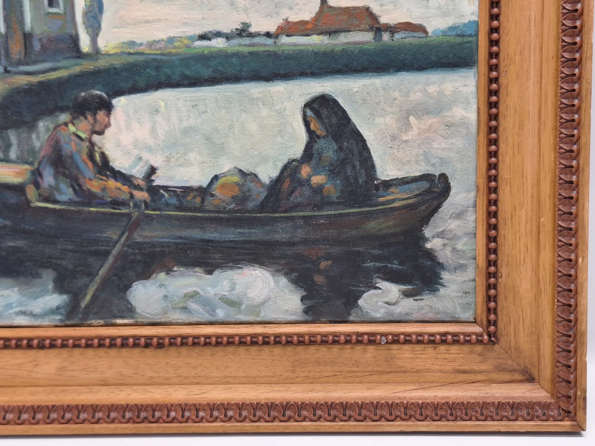 Expressionistisch riviertafereel met roeiboot - J. Bruynseels - foto 5