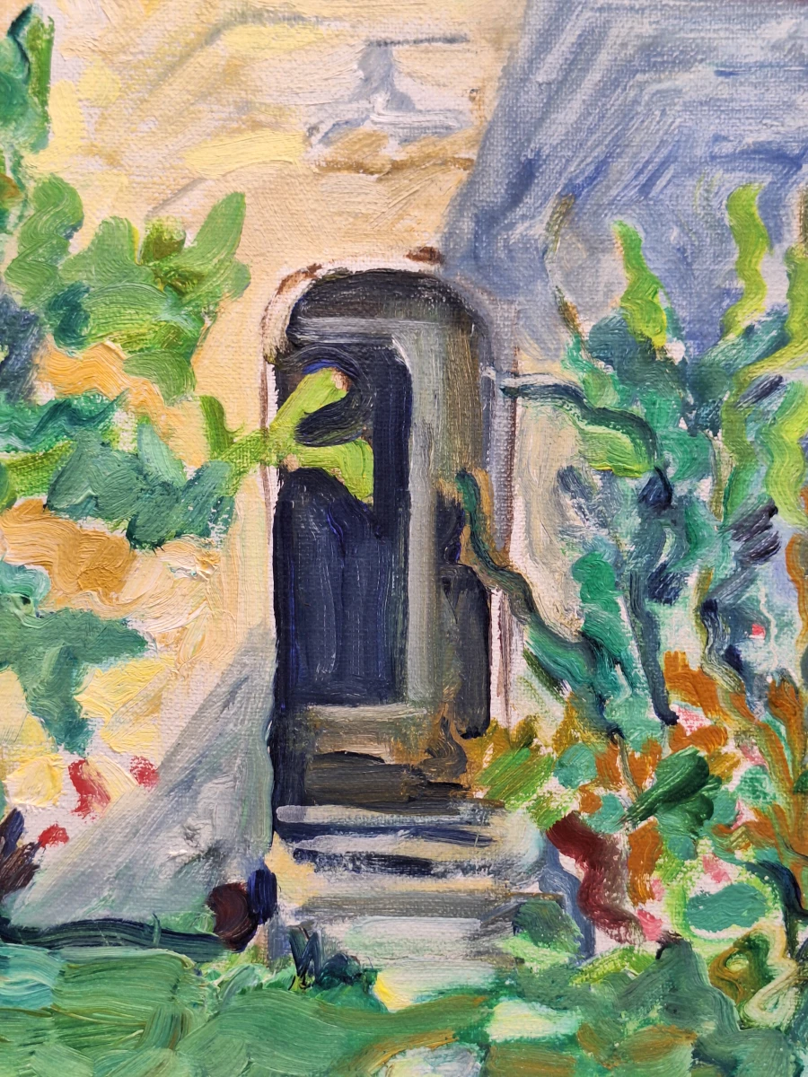 Zonnige binnentuin met bloemen - expressionistisch schilderij uit 1990 - Bresou - foto 7