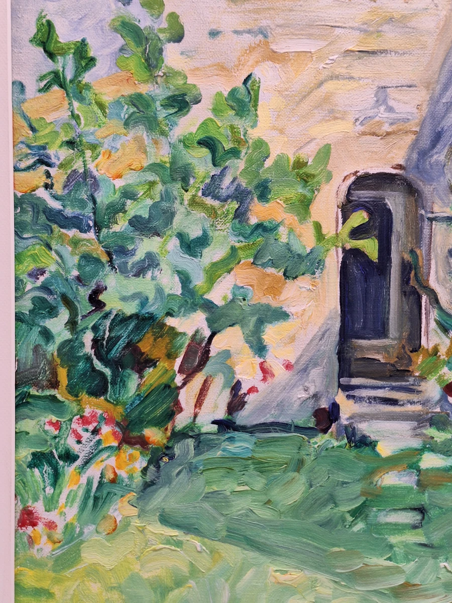 Zonnige binnentuin met bloemen - expressionistisch schilderij uit 1990 - Bresou - foto 4