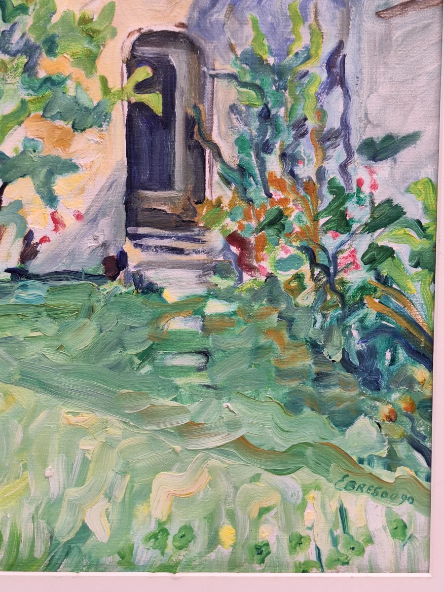 Zonnige binnentuin met bloemen - expressionistisch schilderij uit 1990 - Bresou - foto 5