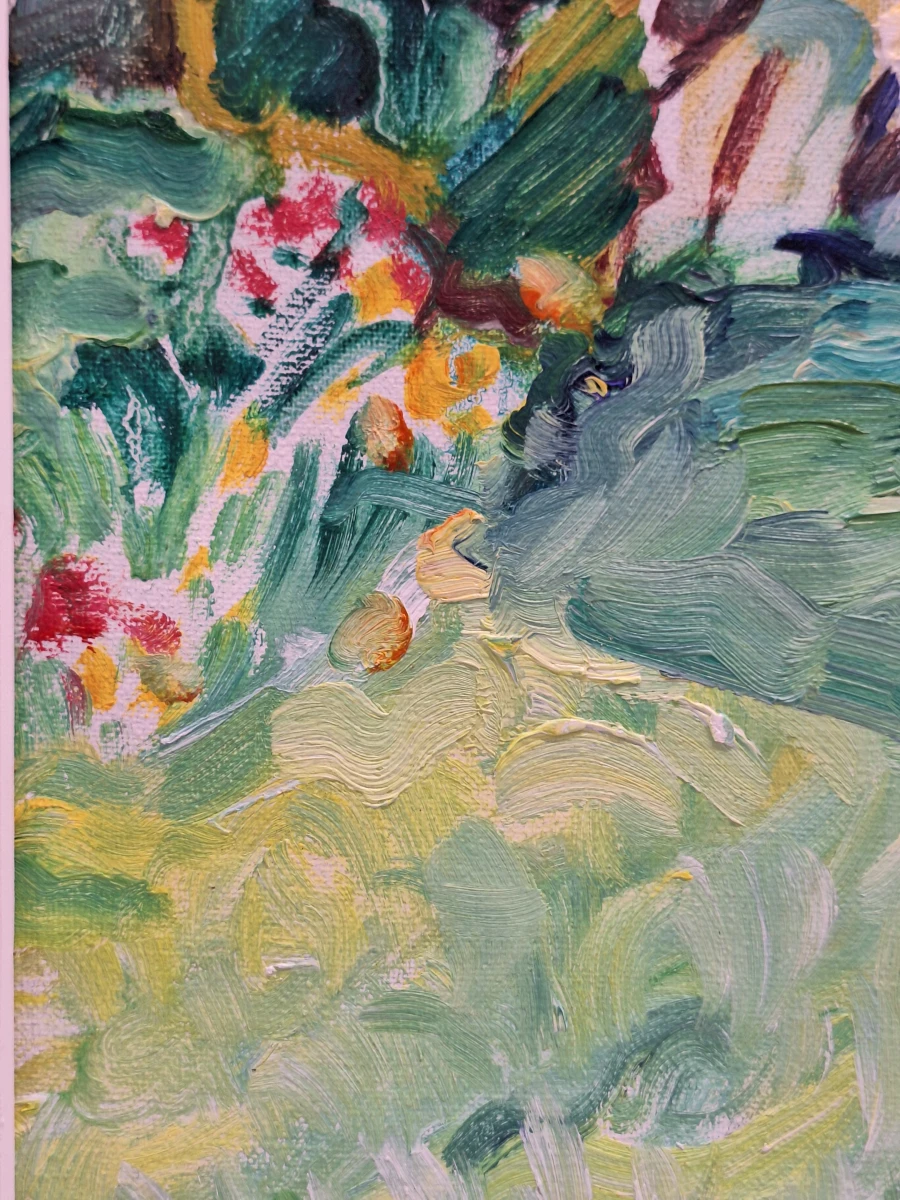 Zonnige binnentuin met bloemen - expressionistisch schilderij uit 1990 - Bresou - foto 9