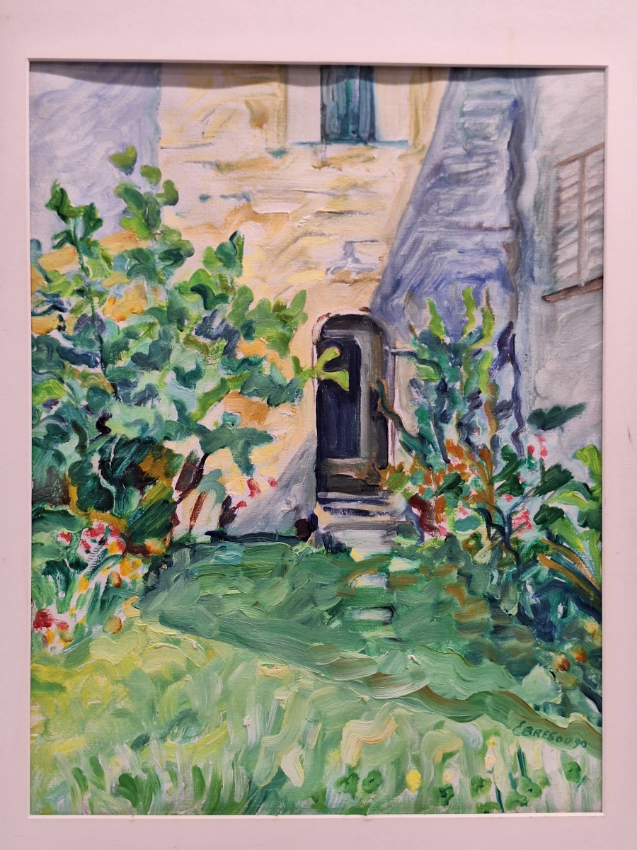 Zonnige binnentuin met bloemen - expressionistisch schilderij uit 1990 - Bresou - foto 2