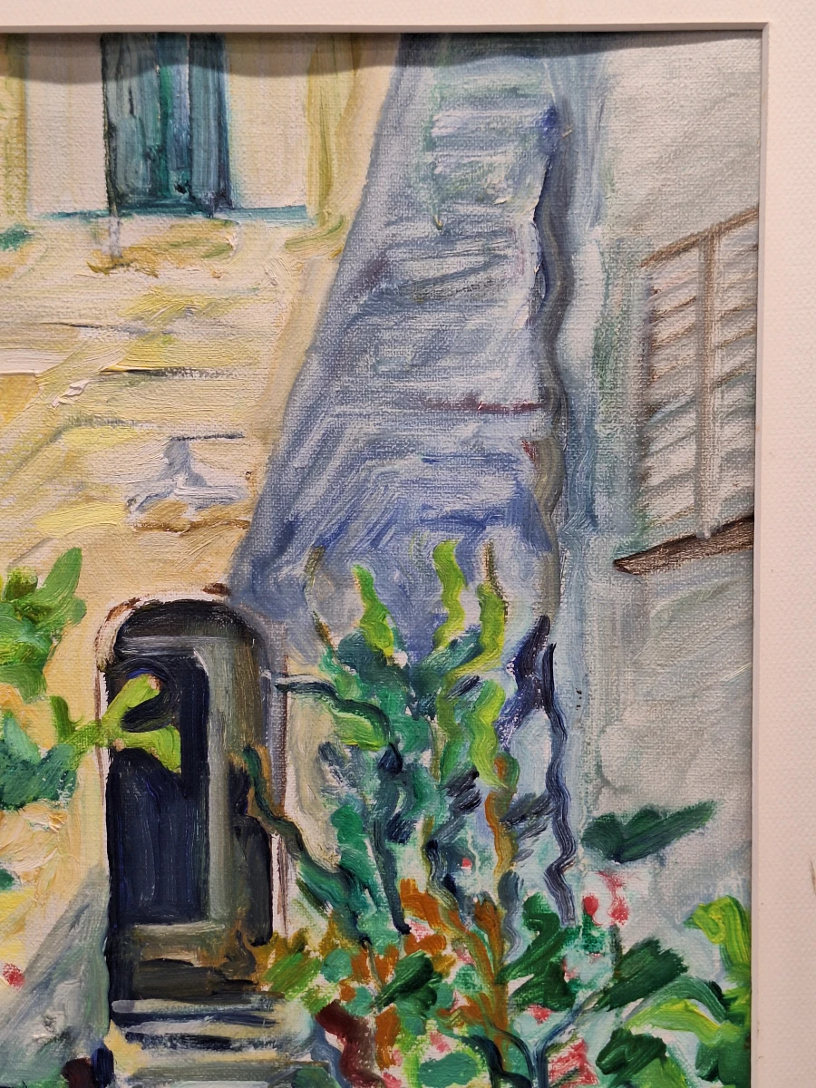 Zonnige binnentuin met bloemen - expressionistisch schilderij uit 1990 - Bresou - foto 6