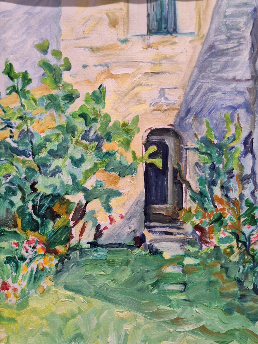 Zonnige binnentuin met bloemen - expressionistisch schilderij uit 1990 - Bresou - foto 3