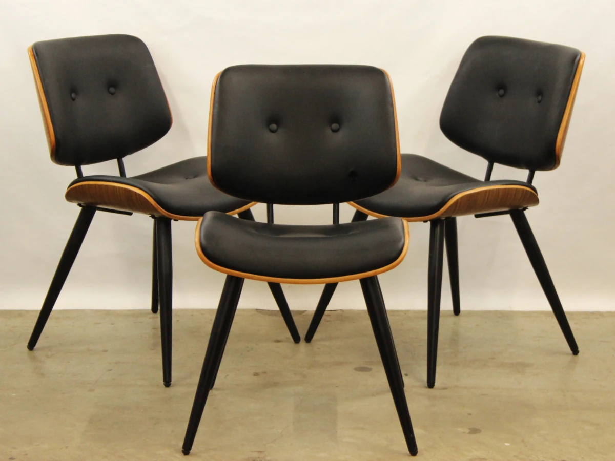 Set van 3 retro design eetkamerstoelen walnoot & zwart lederlook  (stijl Dutchbone) - foto 2