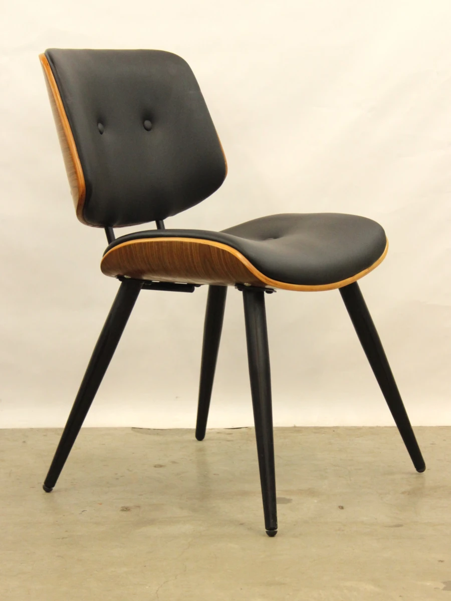 Set van 3 retro design eetkamerstoelen walnoot & zwart lederlook  (stijl Dutchbone) - foto 4