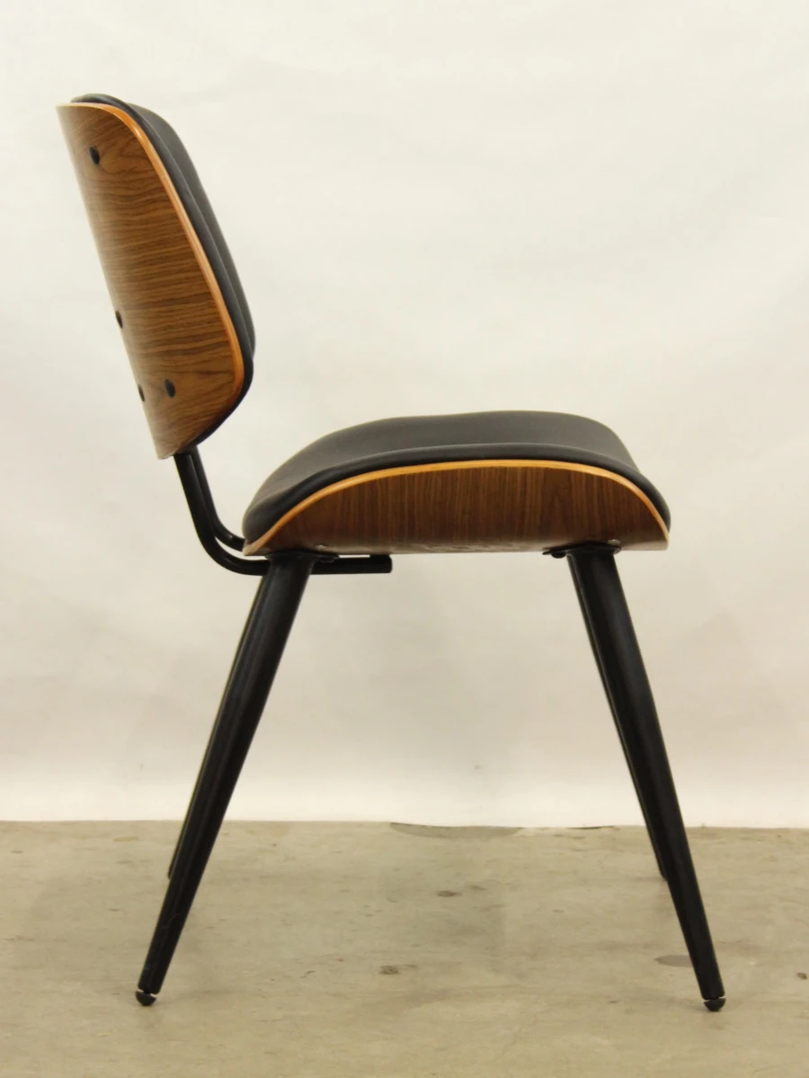 Set van 3 retro design eetkamerstoelen walnoot & zwart lederlook  (stijl Dutchbone) - foto 5