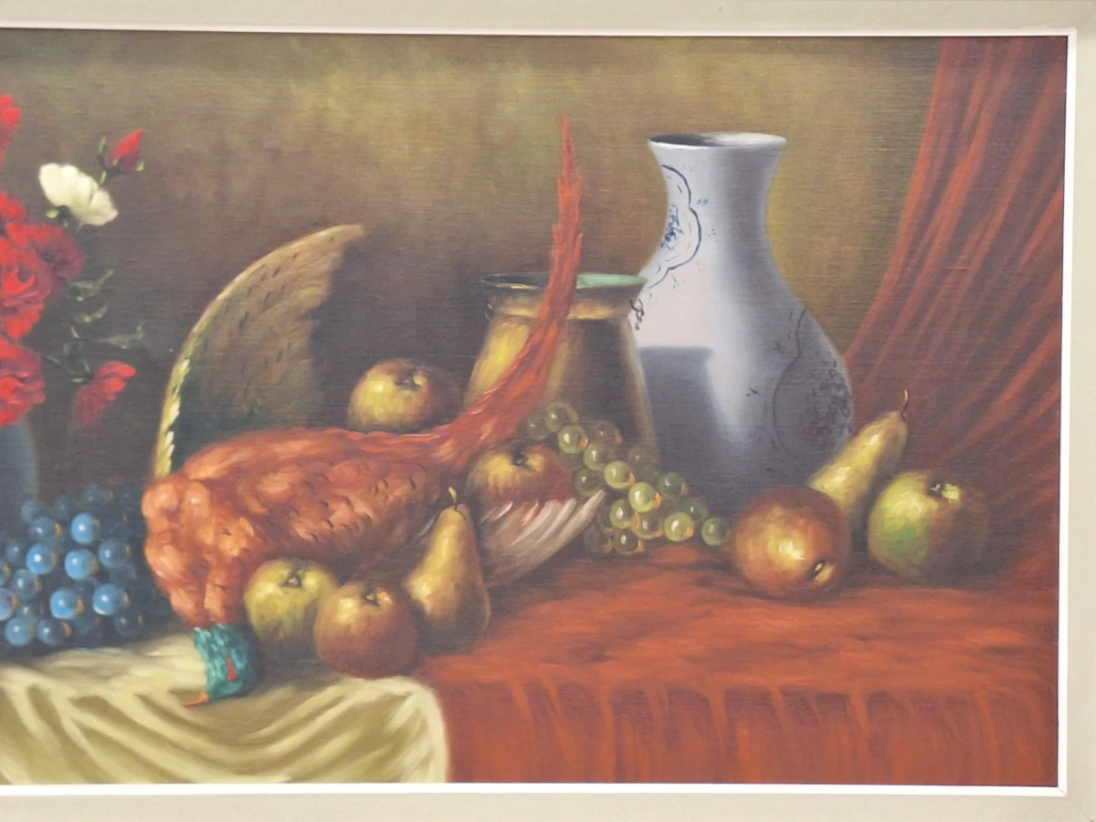Klassiek pronkstilleven met fazant, bloemen en fruit - olieverf op doek - M.S. Dufour - foto 3