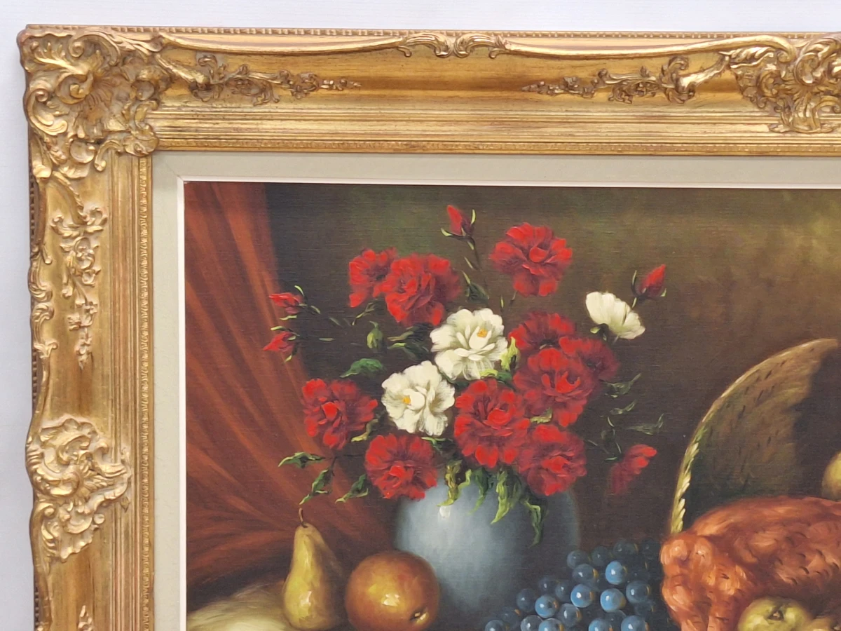 Klassiek pronkstilleven met fazant, bloemen en fruit - olieverf op doek - M.S. Dufour - foto 7