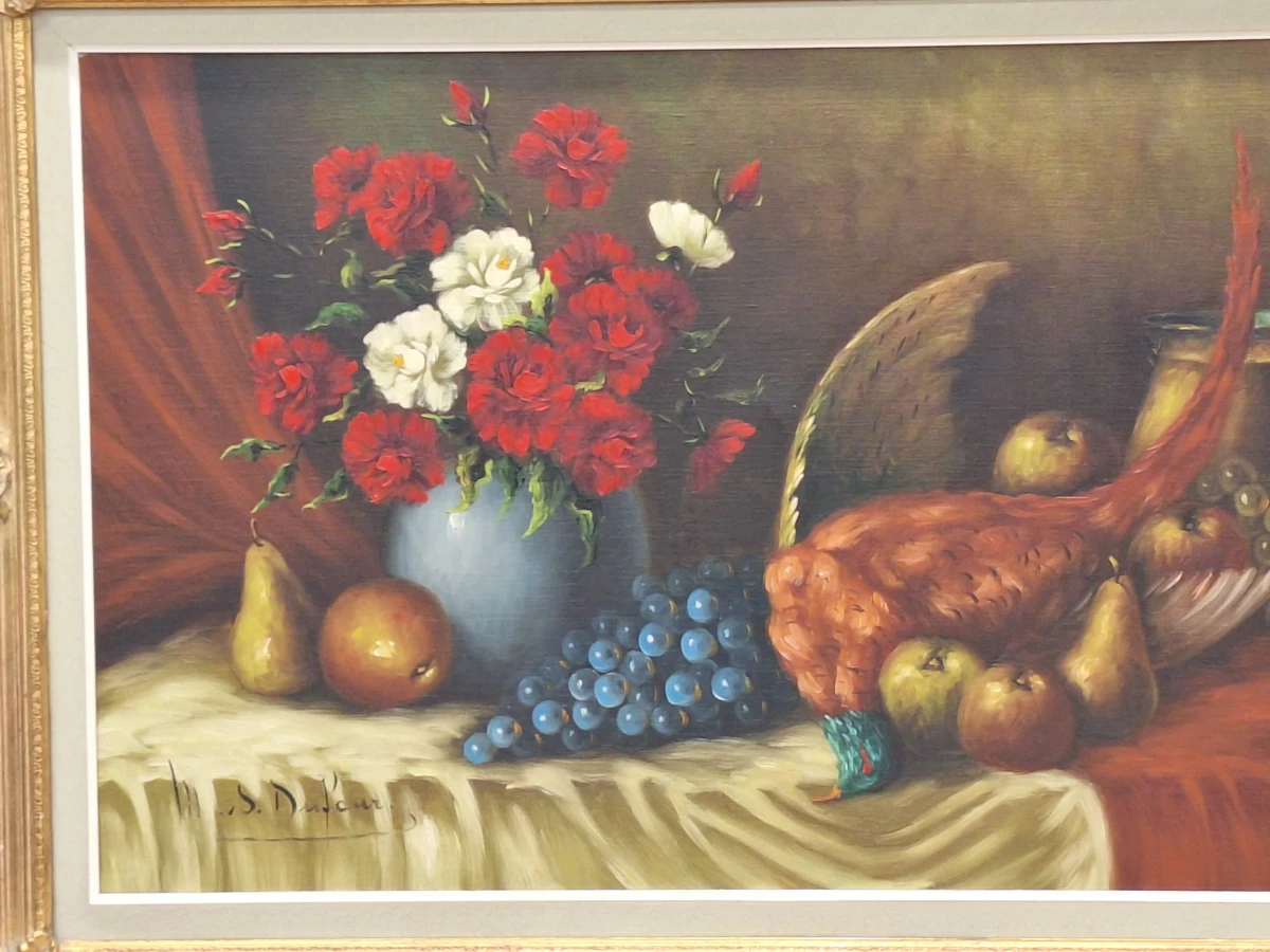 Klassiek pronkstilleven met fazant, bloemen en fruit - olieverf op doek - M.S. Dufour - foto 4