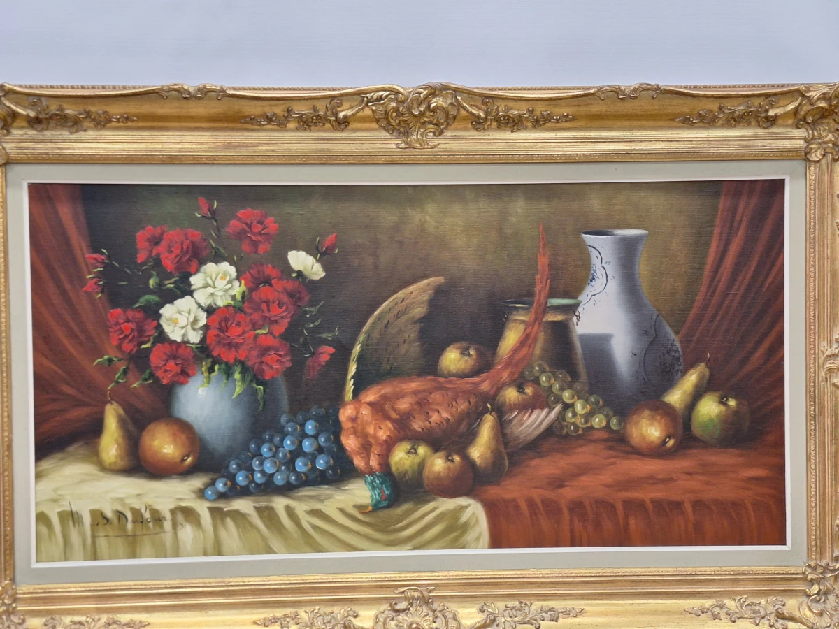 Klassiek pronkstilleven met fazant, bloemen en fruit - olieverf op doek - M.S. Dufour - foto 2