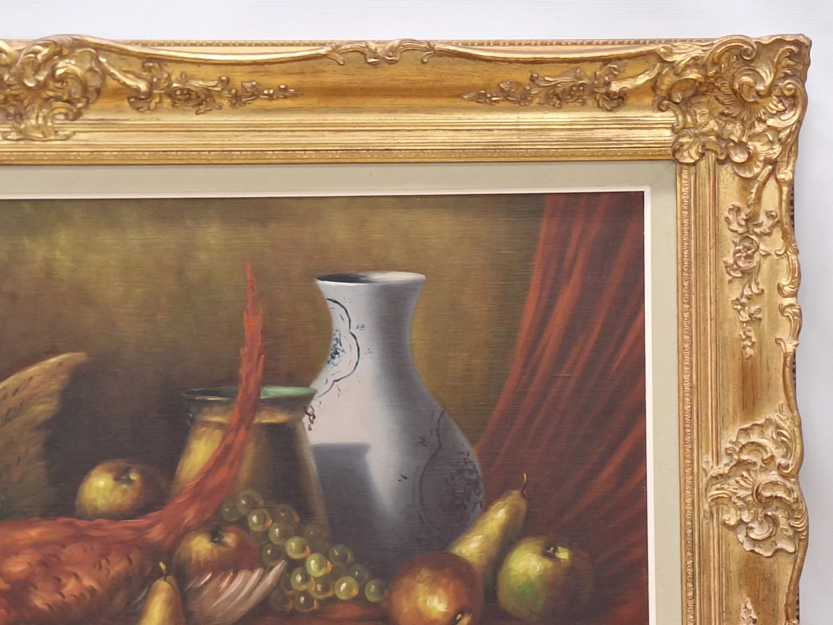 Klassiek pronkstilleven met fazant, bloemen en fruit - olieverf op doek - M.S. Dufour - foto 5