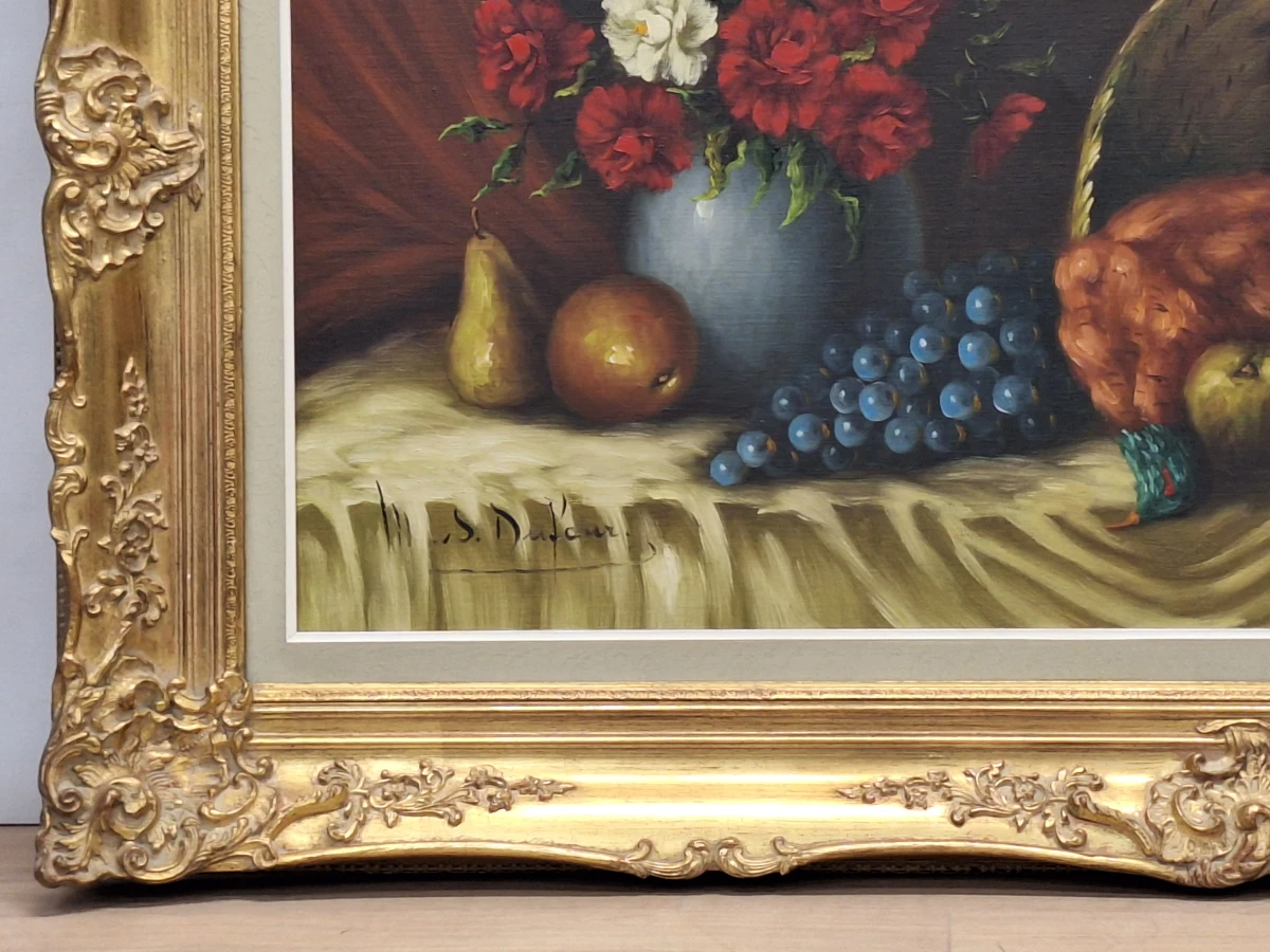 Klassiek pronkstilleven met fazant, bloemen en fruit - olieverf op doek - M.S. Dufour - foto 8