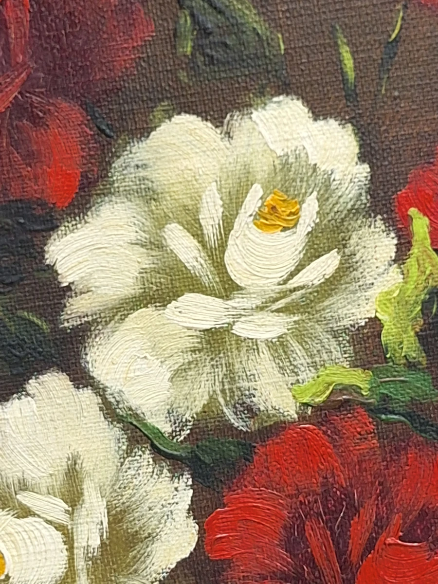Klassiek pronkstilleven met fazant, bloemen en fruit - olieverf op doek - M.S. Dufour - foto 12