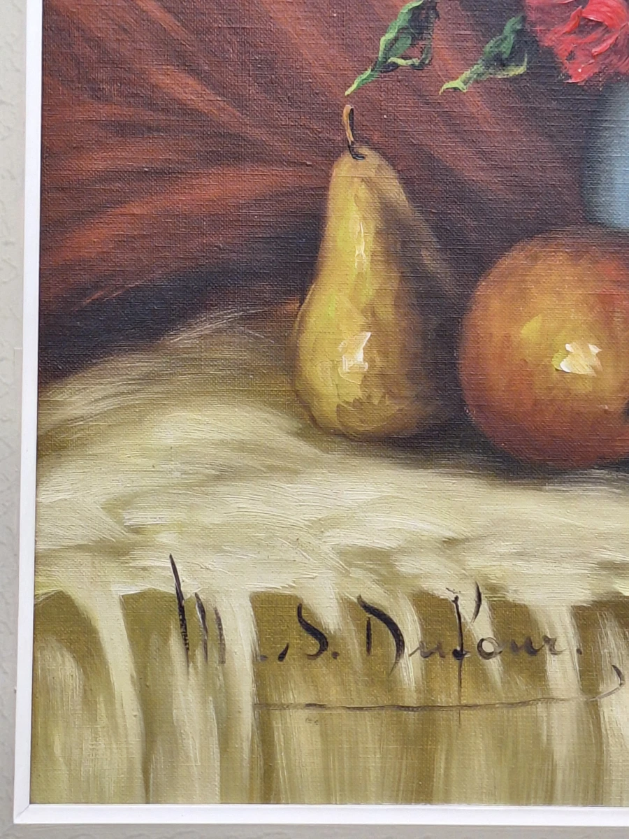Klassiek pronkstilleven met fazant, bloemen en fruit - olieverf op doek - M.S. Dufour - foto 13
