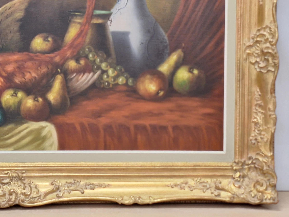 Klassiek pronkstilleven met fazant, bloemen en fruit - olieverf op doek - M.S. Dufour - foto 6
