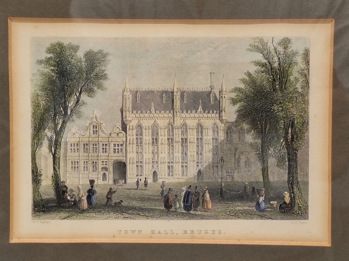 Twee antieke staalgravures van Brugge - handgekleurd, ca. 1830 - William Henry Bartlett - foto 3