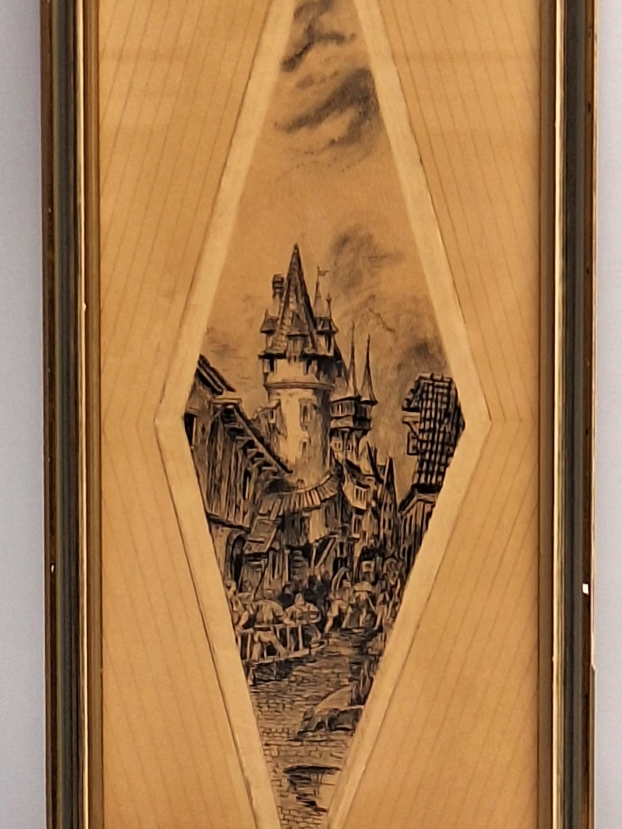 Gesigneerd historisch stadsgezicht met middeleeuwse toren - pentekening op hout, 1934 - foto 2
