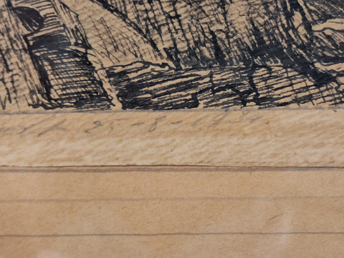 Gesigneerd historisch stadsgezicht met middeleeuwse toren - pentekening op hout, 1934 - foto 5