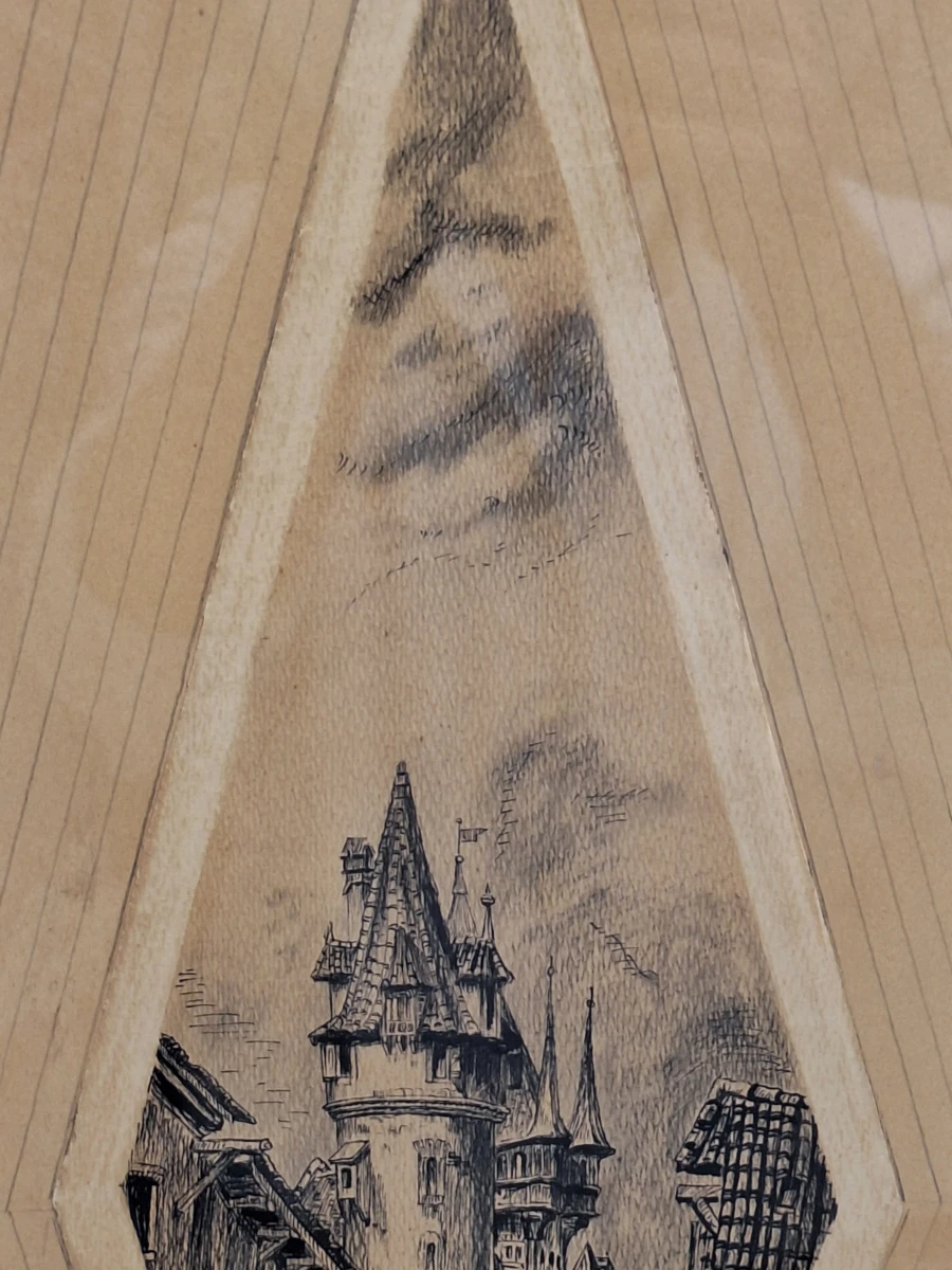 Gesigneerd historisch stadsgezicht met middeleeuwse toren - pentekening op hout, 1934 - foto 11