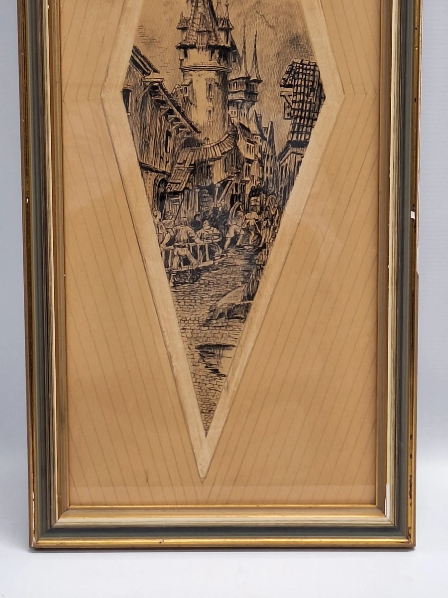 Gesigneerd historisch stadsgezicht met middeleeuwse toren - pentekening op hout, 1934 - foto 9