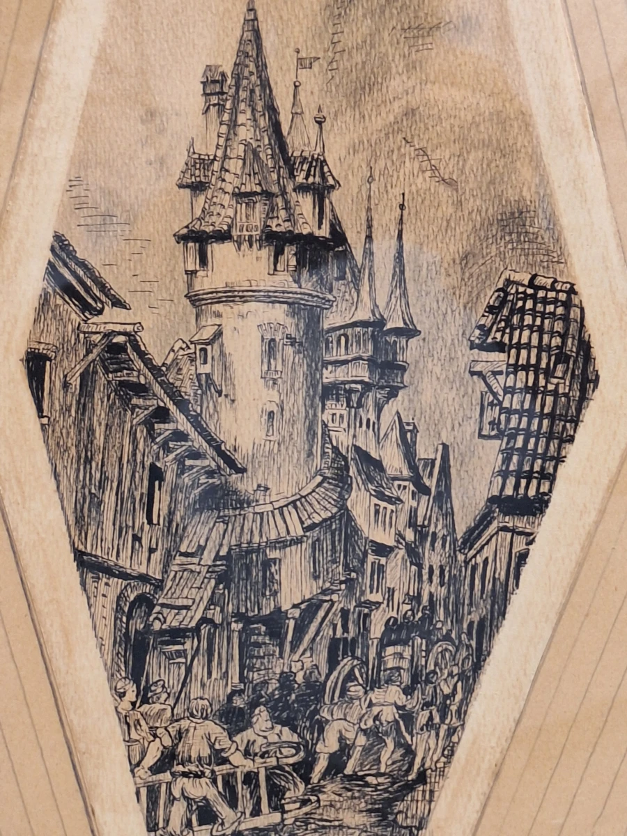Gesigneerd historisch stadsgezicht met middeleeuwse toren - pentekening op hout, 1934 - foto 10