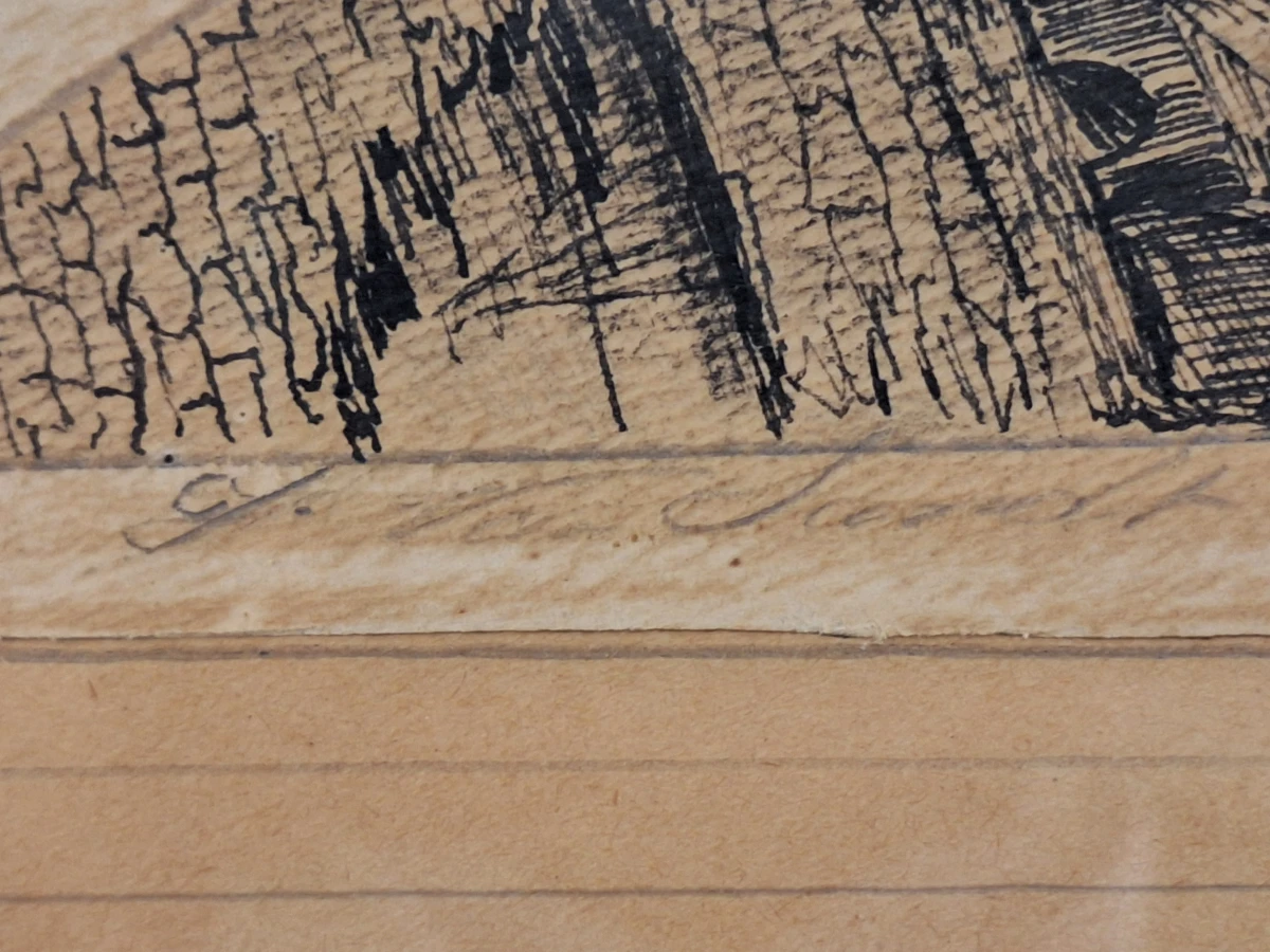 Gesigneerd historisch stadsgezicht met middeleeuwse toren - pentekening op hout, 1934 - foto 6