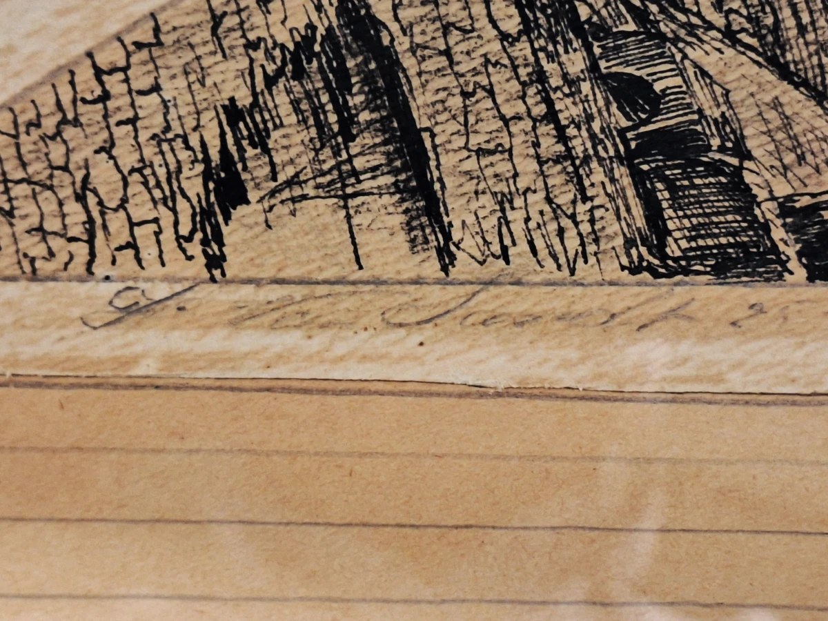 Gesigneerd historisch stadsgezicht met middeleeuwse toren - pentekening op hout, 1934 - foto 4
