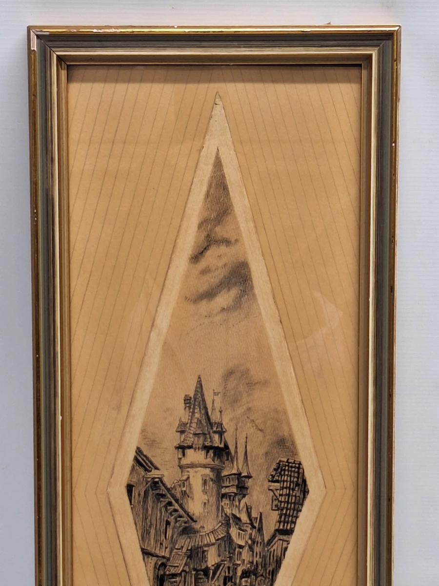 Gesigneerd historisch stadsgezicht met middeleeuwse toren - pentekening op hout, 1934 - foto 8