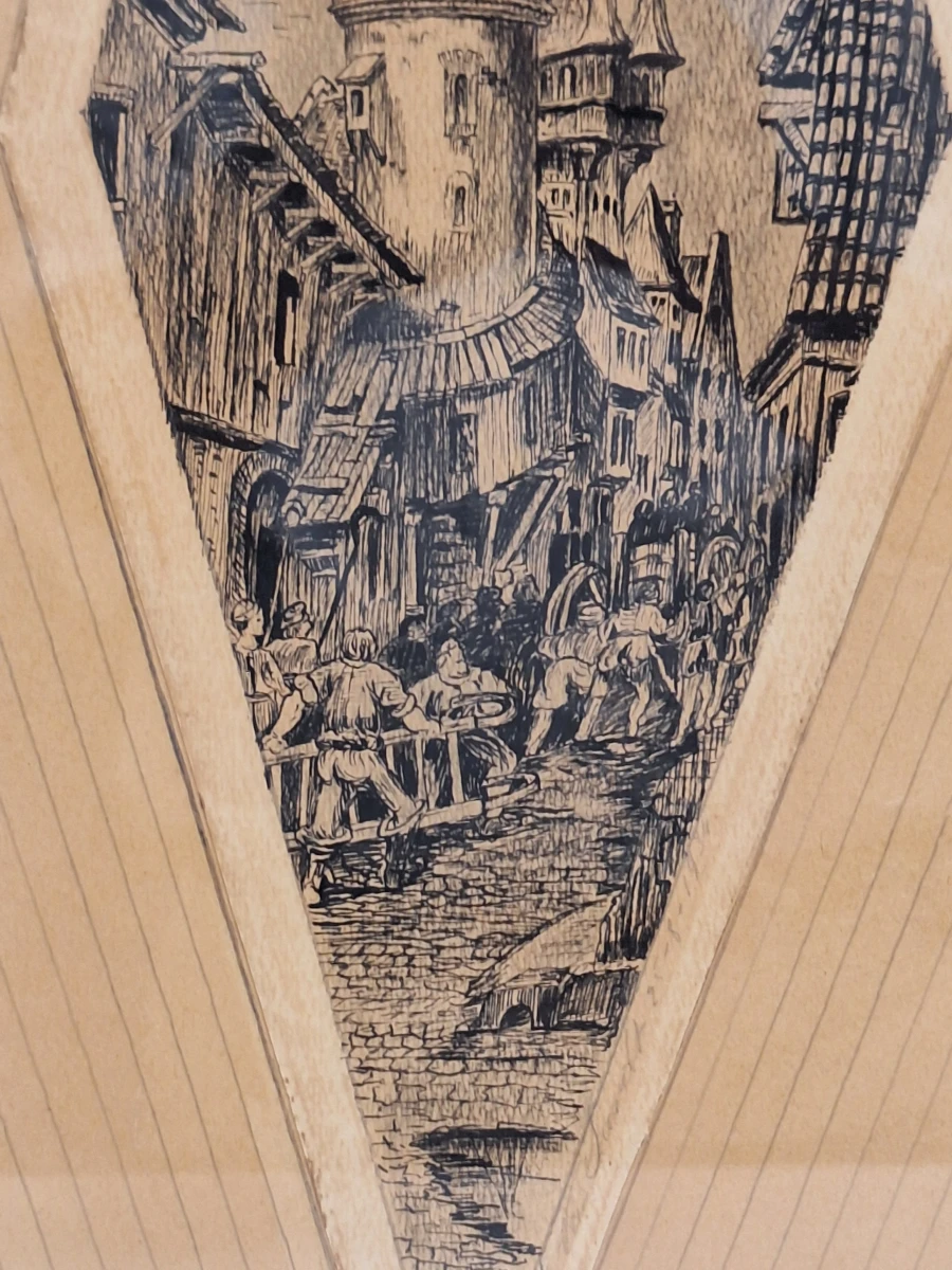 Gesigneerd historisch stadsgezicht met middeleeuwse toren - pentekening op hout, 1934 - foto 3