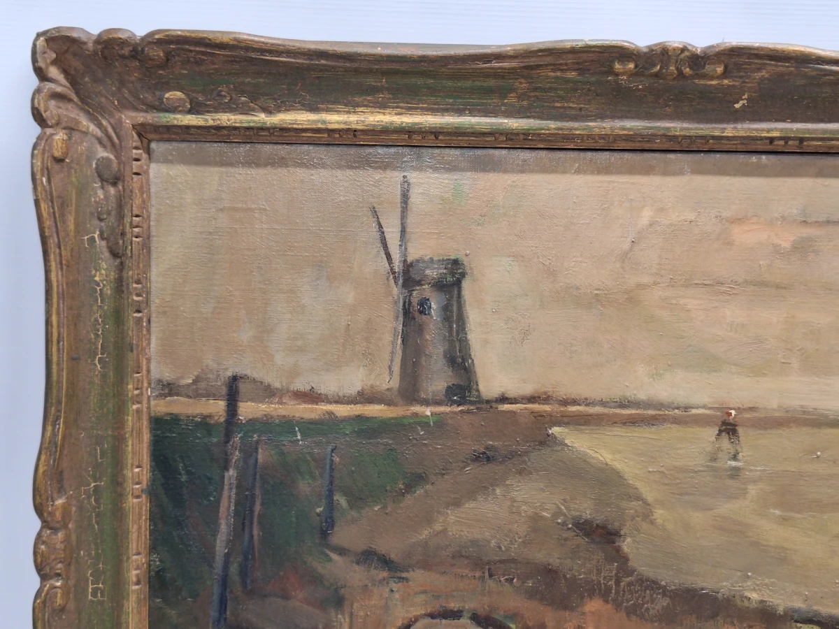 Olieverfschilderij van een rivierlandschap met windmolen en roeiboot - L. Van Goes - foto 4