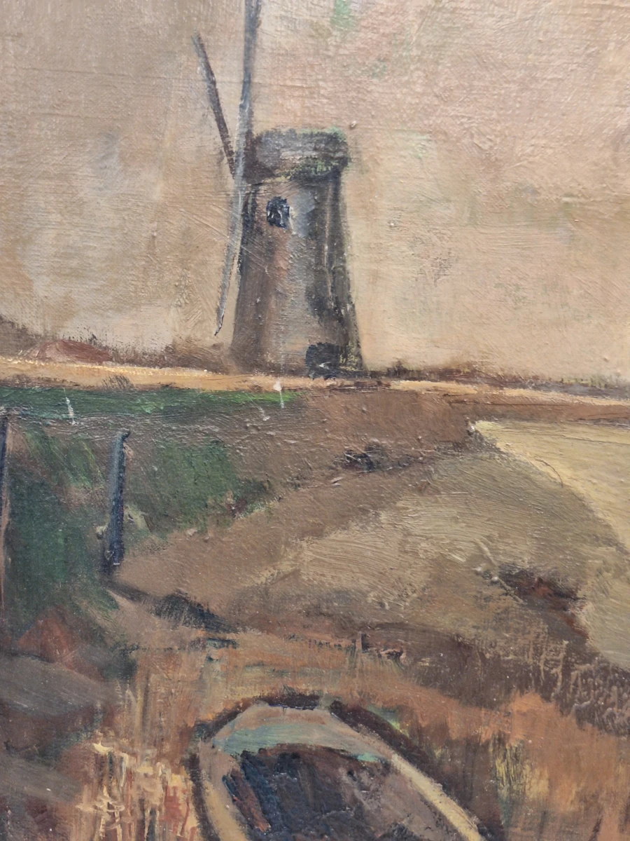 Olieverfschilderij van een rivierlandschap met windmolen en roeiboot - L. Van Goes - foto 8