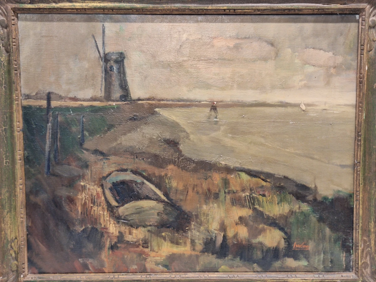 Olieverfschilderij van een rivierlandschap met windmolen en roeiboot - L. Van Goes - foto 2