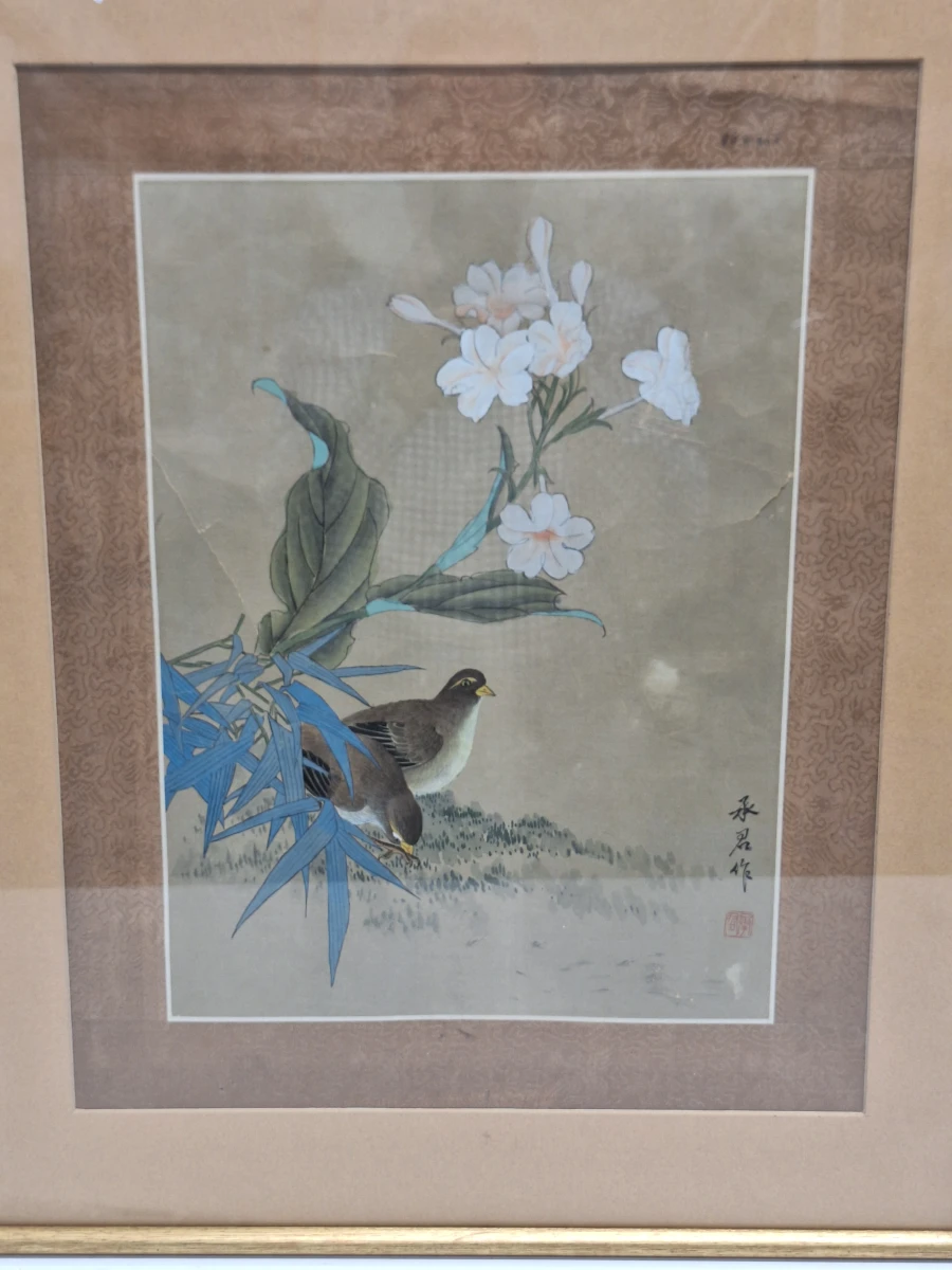 Aziatisch vogel- en bloemenschilderij - Kwartels tussen bloesems en bamboe - foto 2