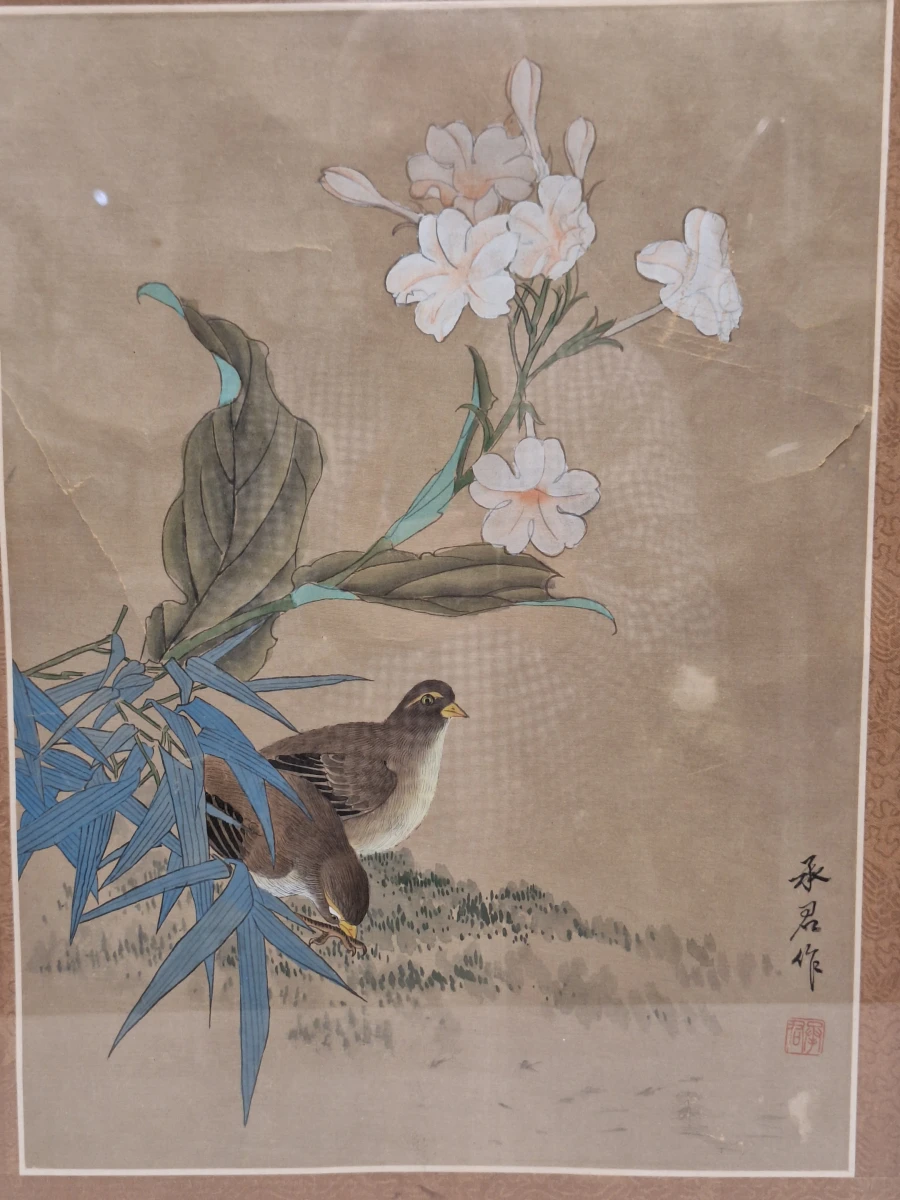 Aziatisch vogel- en bloemenschilderij - Kwartels tussen bloesems en bamboe - foto 3