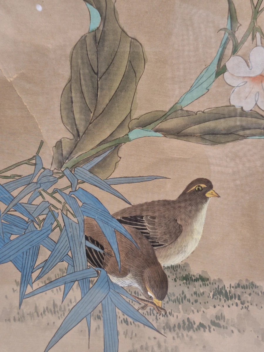 Aziatisch vogel- en bloemenschilderij - Kwartels tussen bloesems en bamboe - foto 4
