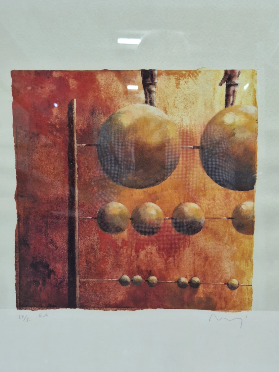 Abstracte compositie met zwevende bollen - Kleurenlithografie 27/50 E.A. - Örjan Wikström - foto 2