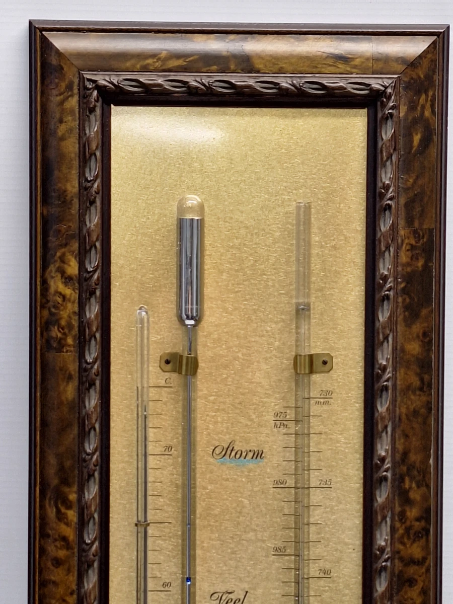 Vintage wandbarometer met thermometer in decoratieve houten lijst - foto 5