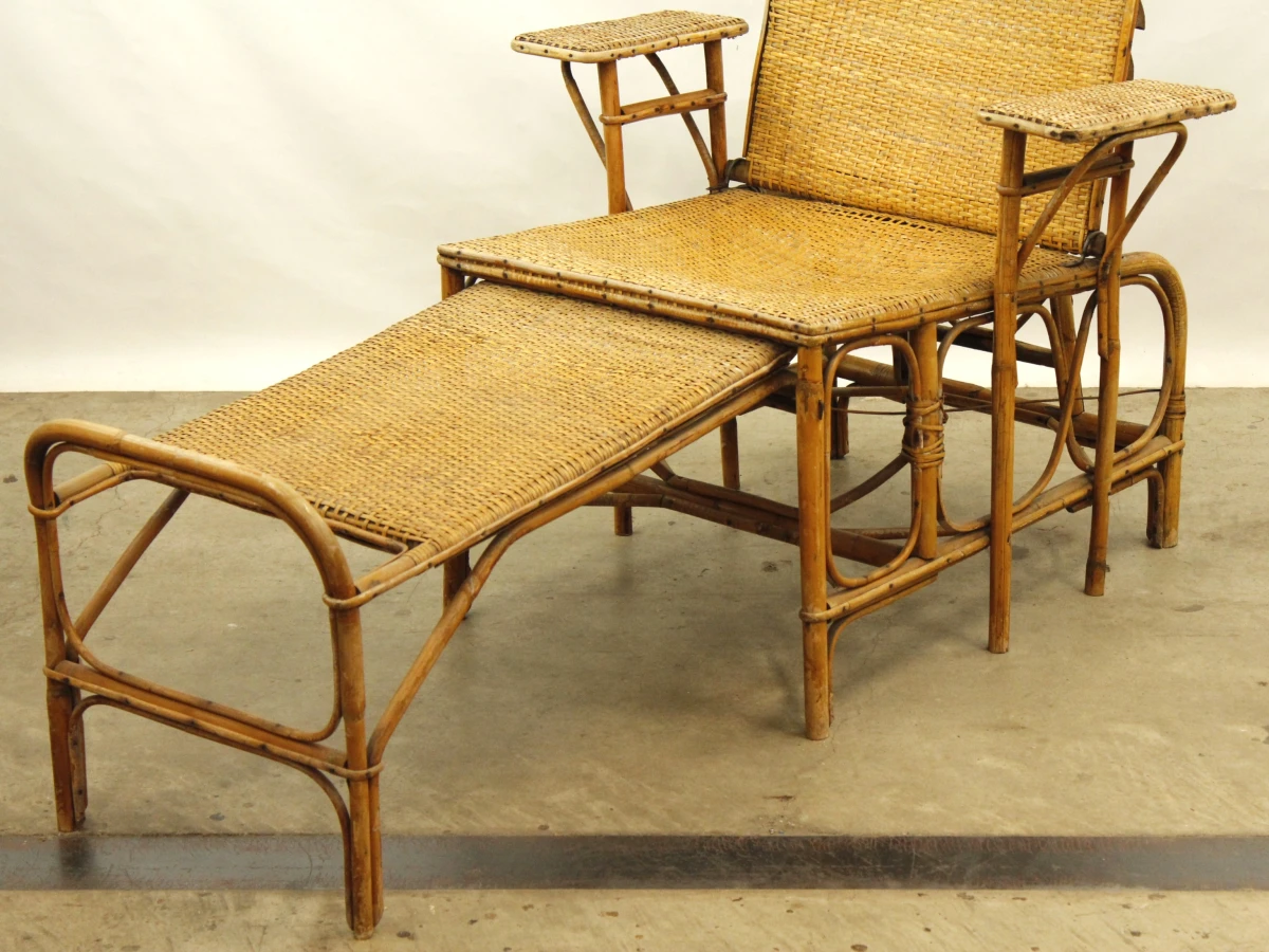 Antieke verstelbare rotan ligstoel met uitschuifbare voetensteun - ca. 1920–1930 - foto 6