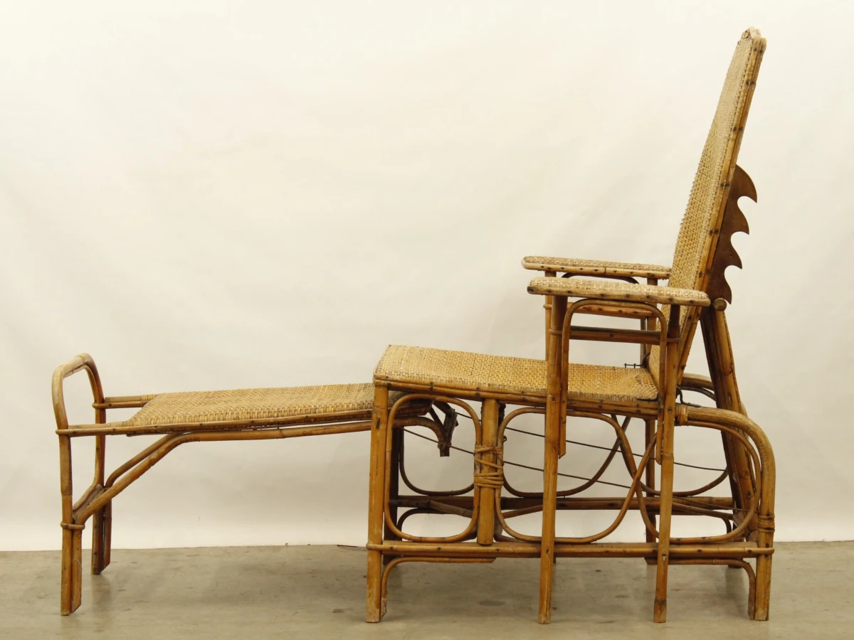 Antieke verstelbare rotan ligstoel met uitschuifbare voetensteun - ca. 1920–1930 - foto 7