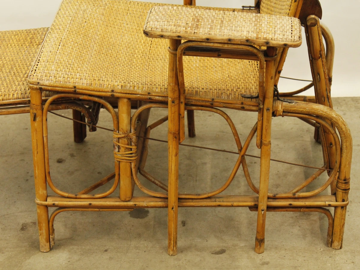 Antieke verstelbare rotan ligstoel met uitschuifbare voetensteun - ca. 1920–1930 - foto 8
