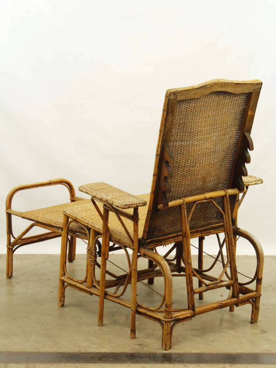 Antieke verstelbare rotan ligstoel met uitschuifbare voetensteun - ca. 1920–1930 - foto 9